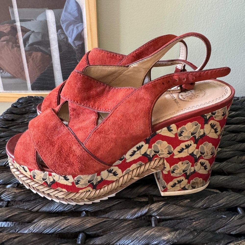 Tory Burch Red & Floral Platform Heels